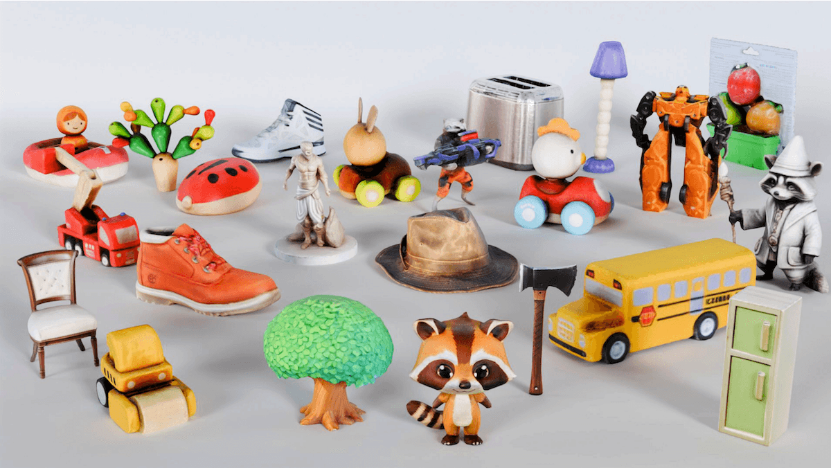 Collection of various toys, including a raccoon, a bus, and a tree.