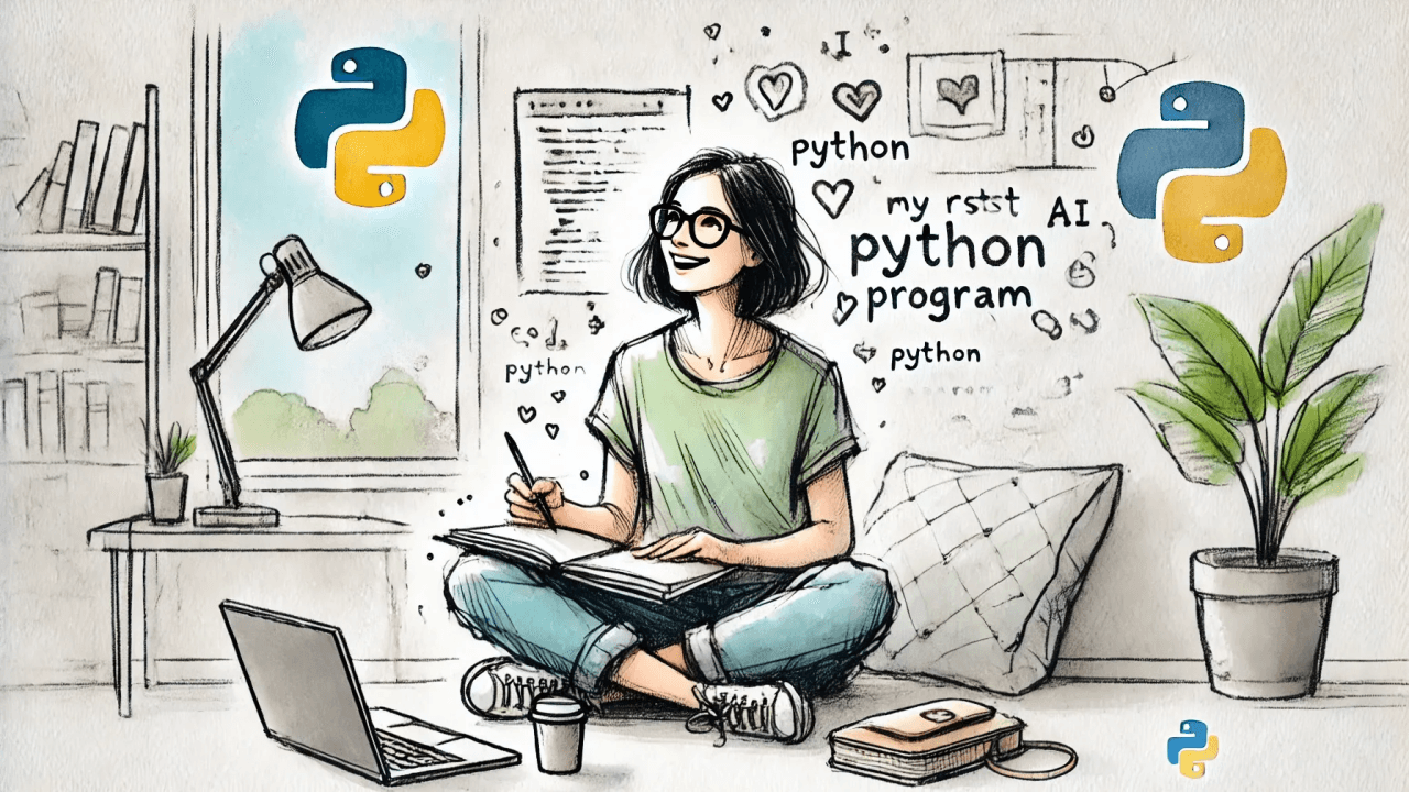 A young woman with glasses works with her laptop and a notebook, surrounded by notes for code and the Python logo