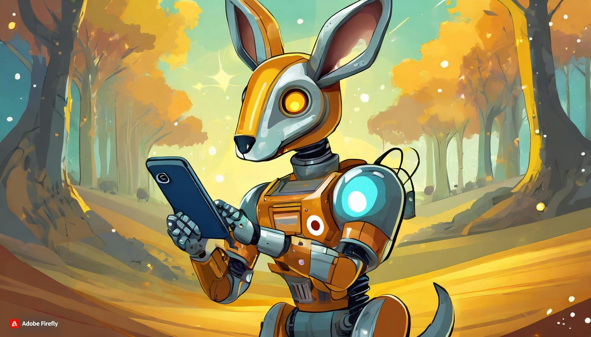 AI-generated image of a robot kangaroo checking their smartphone